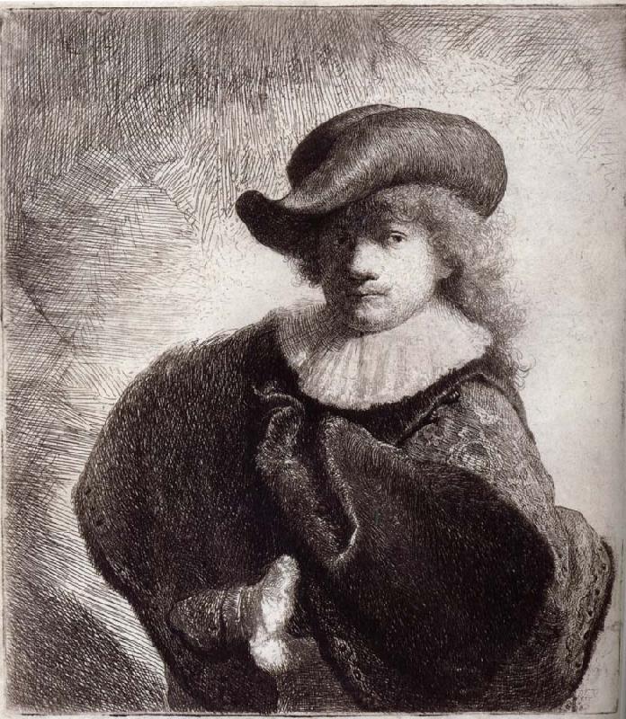 REMBRANDT Harmenszoon van Rijn Self-Portrait in a Soft Hat and Embroidered Cloak Germany oil painting art